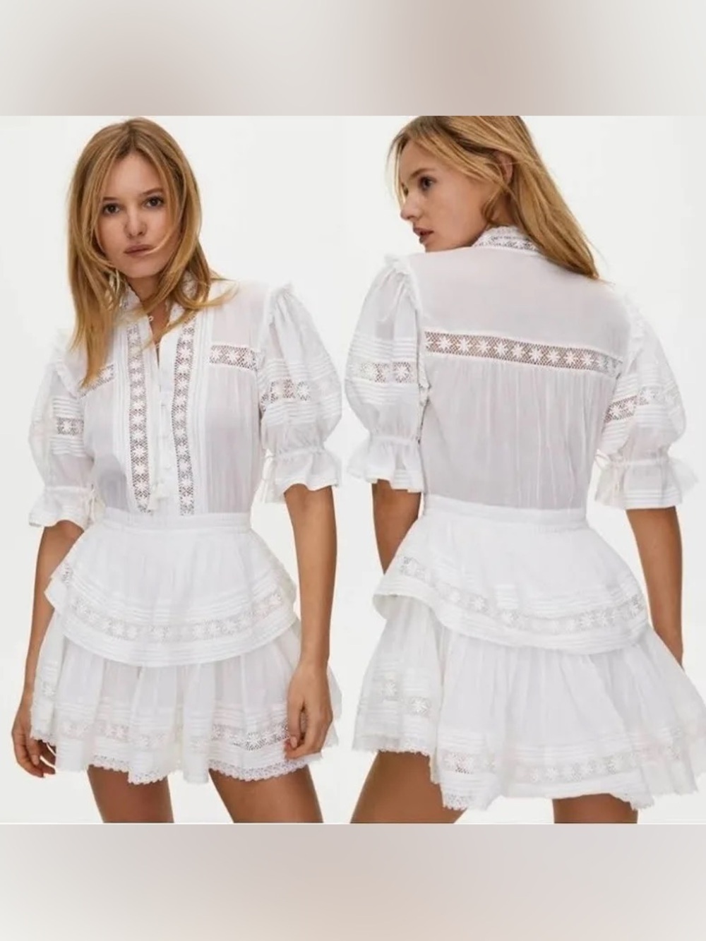 Aritzia White Lace Tiered Cotton Mini Dress
